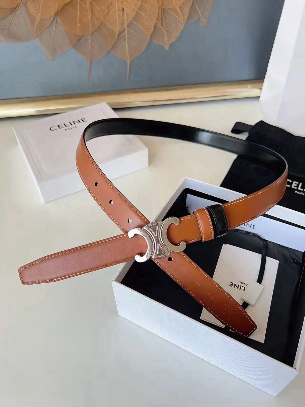 Celine Tan Leather Belt with Silver Triomphe Buckle